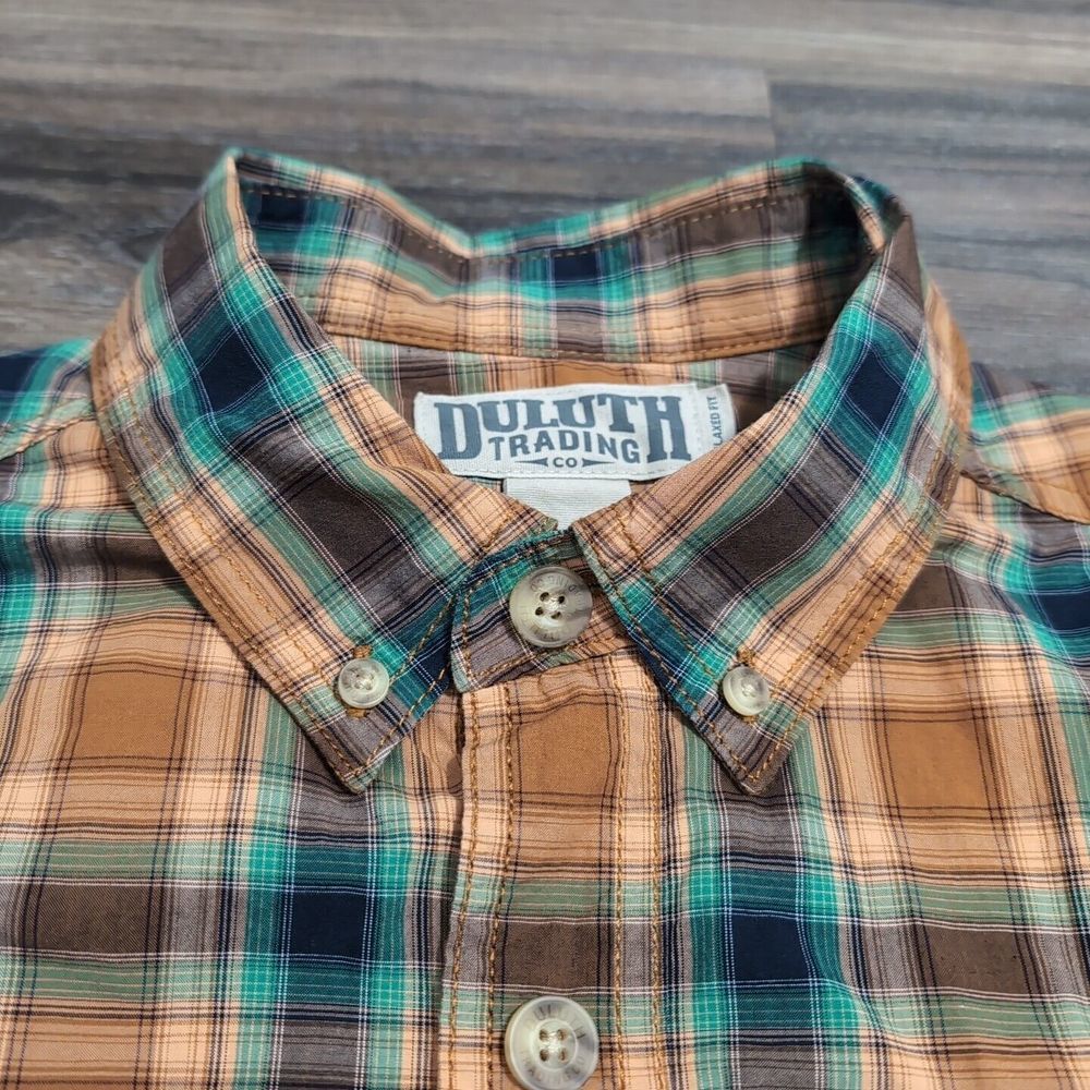 Duluth Trading Shirt Men's S Orange Green Plaid Relaxed Fit 38922 S/S 5T